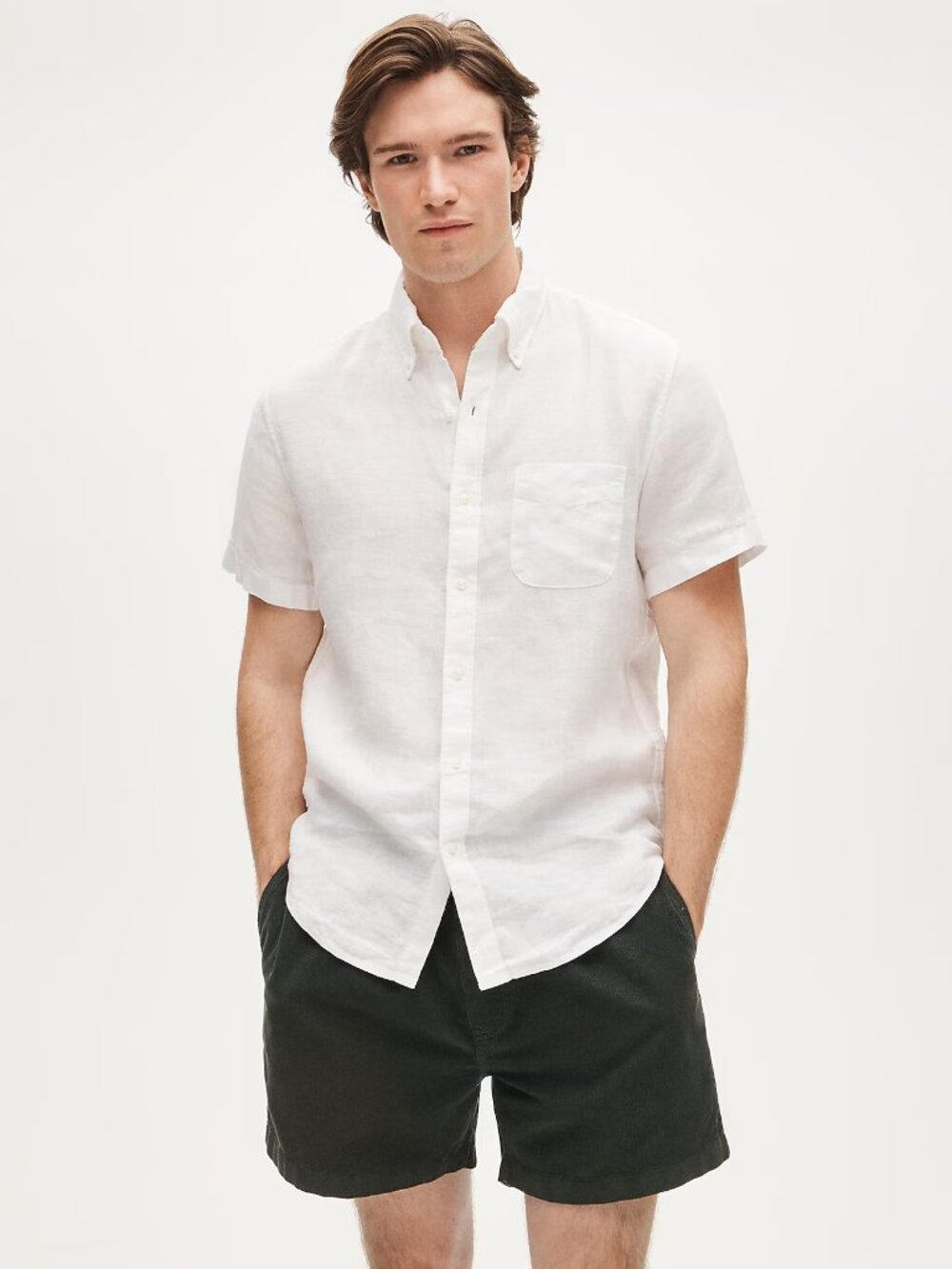 J.Crew Mens Short-sleeve Button-up White Linen Shirt Slim Fit Size Large